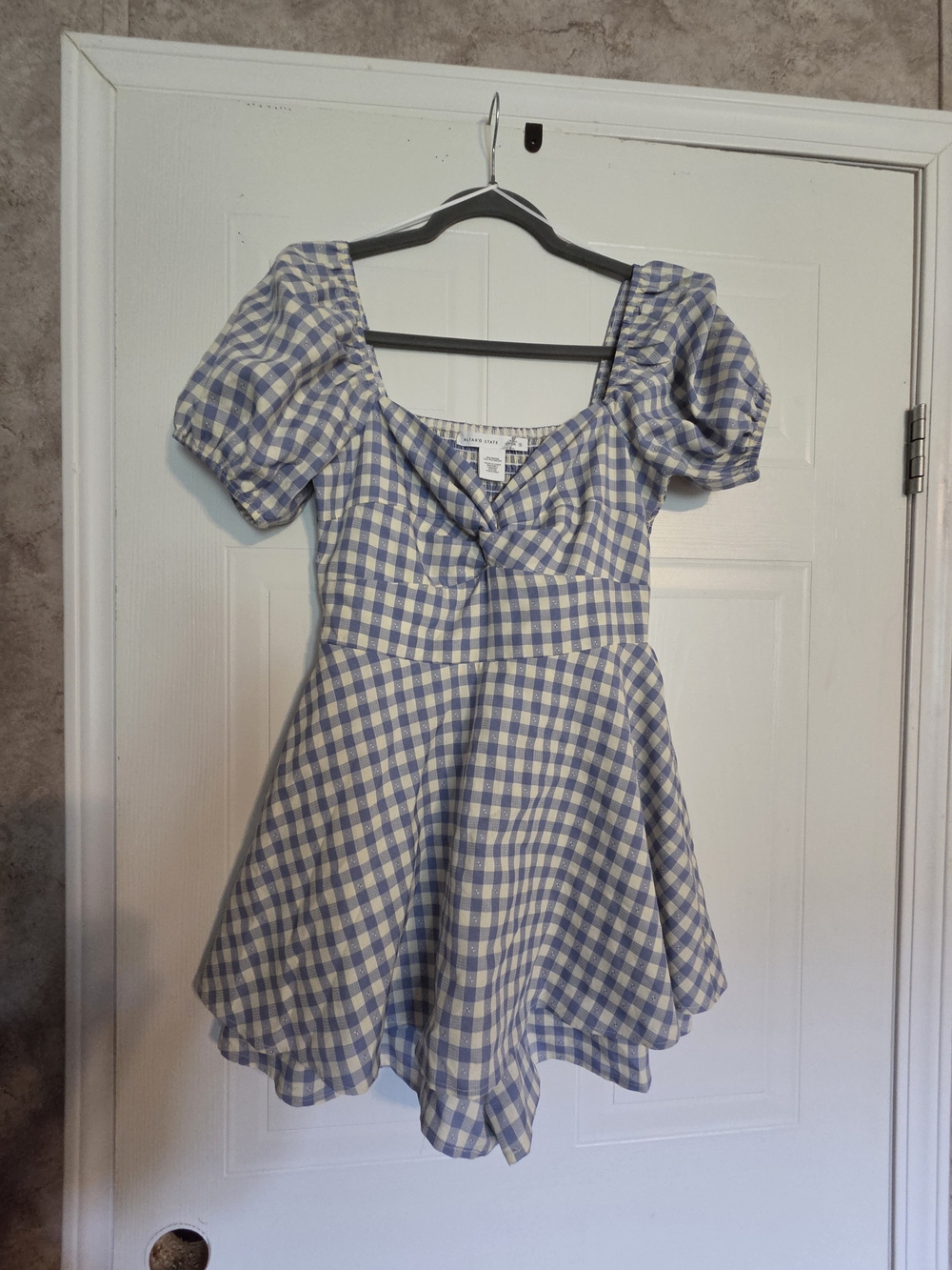 Altar'd State Blue and Cream Gingham Puff Sleeve Romper